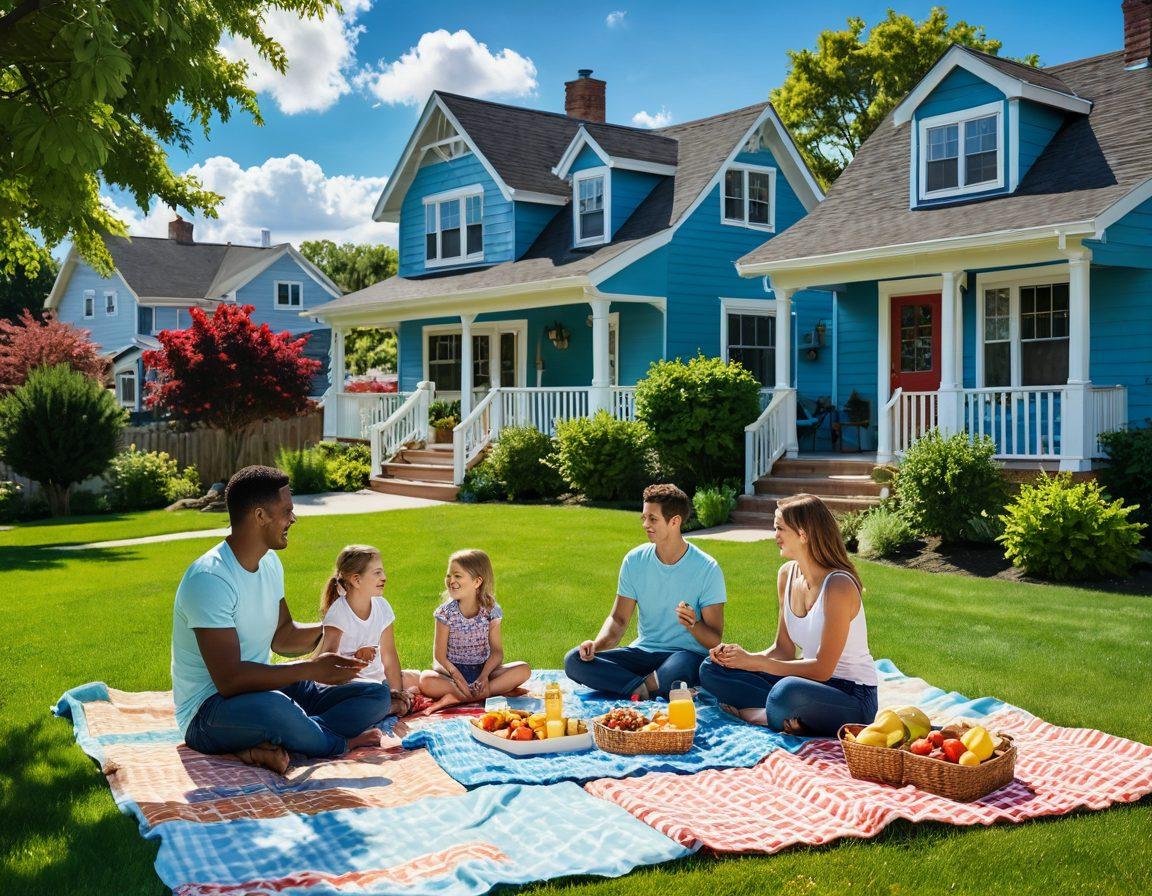 A serene and inviting scene showcasing a happy family blissfully enjoying life together, surrounded by symbols of security such as a cozy home and friendly neighborhood. Include elements like bright sunshine, a picnic setup, and soft clouds in a blue sky, depicting the joy of peace of mind that affordable insurance brings. Art style should be vivid and cheerful, capturing warmth and optimism. vibrant colors. painterly style.