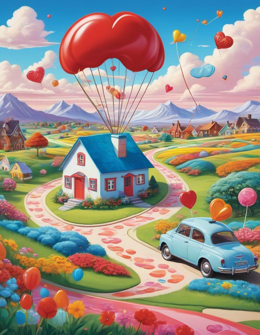 A whimsical illustration of a heart-shaped compass guiding various insurance symbols (like home, health, auto) through a candy land filled with colorful sweet treats like lollipops and chocolate paths. The scene should evoke a sense of joy and discovery, portraying the idea of finding love in the right insurance options. The sky should be a bright blue with fluffy clouds, enhancing the cheerful vibe. vibrant colors. cartoon style.