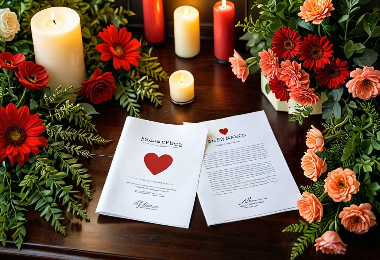 A heart-shaped insurance policy document intertwined with nature elements like flowers and greenery, symbolizing personalized coverage. The background features a cozy home scene that blends warmth and security, reflecting a lifestyle of comfort and love. Include soft lighting and warm color tones to evoke a sense of trust and care. super-realistic. vibrant colors. peaceful ambiance.
